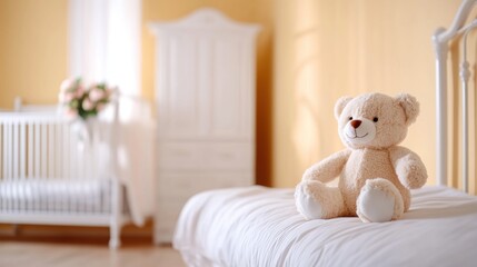 Soft teddy bear on a bed in a cozy nursery with yellow walls