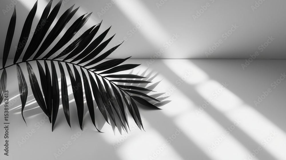 Poster elegant palm leaf casting shadows in minimalistic black and white setting during afternoon light