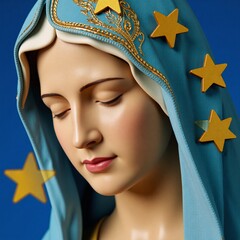 Gold-starred depiction of Mary Mother of God dressed in a blue veil