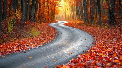Winding road through autumn forest. Bright sunlight streams through colorful trees. Fallen leaves carpet the roadway