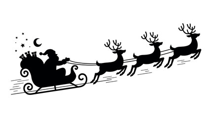 Santa Claus riding sleigh with flying reindeer in Christmas night silhouette illustration
