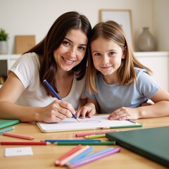 Fototapeta premium Mother drawing with child using pencils