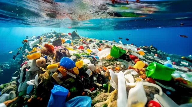 Submerged heap of colorful plastic waste in ocean waters pollutes the marine ecosystem, causing danger to sea animals and habitat destruction