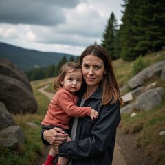 Mother cradles child during tough rural living showcasing strength amidst natural hardships