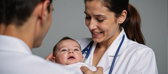Mother hands over infant for physician examination by pediatrician