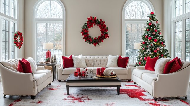 Festive living room arrangement with a Christmas tree, elegant d ?Â©cor, and vibrant accents, offering the perfect setting for holiday moments.