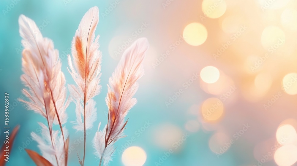 Poster soft feathers against a blurred background with warm bokeh lights