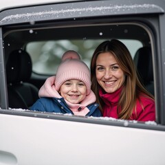Mother-daughter duo enjoying a warm moment together during a wintry drive