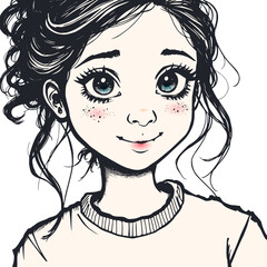 Cute cartoon girl with big eyes, hand drawn vector portrait
