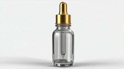 Clear glass dropper bottle with a gold-colored lid, set against a neutral background, showcasing beauty product potential