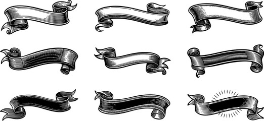 Vintage ribbon set in engraving style. Isolated classic royal scroll collection, in victorian heraldic style