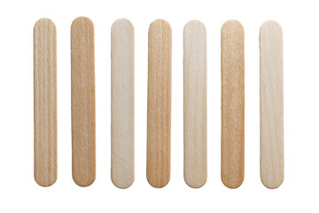Seven wooden craft sticks in varying shades of wood.