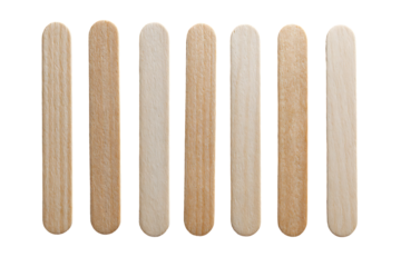Seven wooden craft sticks in varying shades of wood.