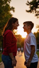 Mother and teenager clash outside in a park at sunset showcasing family conflicts and communication issues