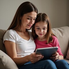 A hauntingly suspenseful portrait depicts a concerned woman and her child interacting on a shared digital device