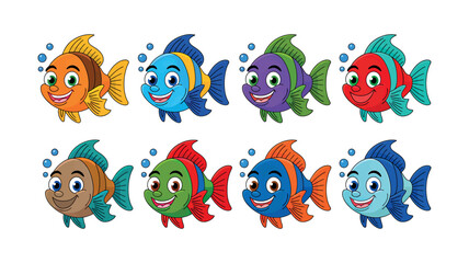 Colorful cartoon fish characters set with happy expressions and underwater bubbles
