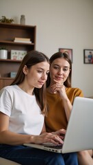 A young woman working on a computer alongside her mother at their residence
