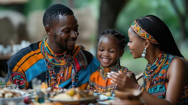 Happy african family celebrates their heritage with a festive meal, dressed in colorful traditional clothing, showcasing their culture with pride and unity