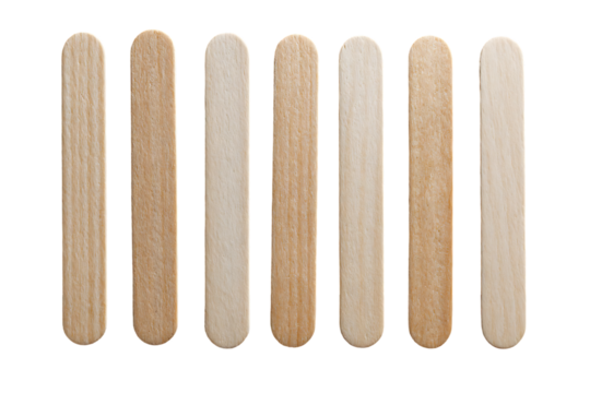 Seven wooden craft sticks in varying shades of wood.