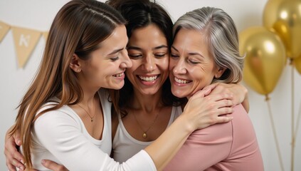Family members embrace warmly in a cheerful Mothers Day scene sharing love and laughter during an interracial family bonding moment