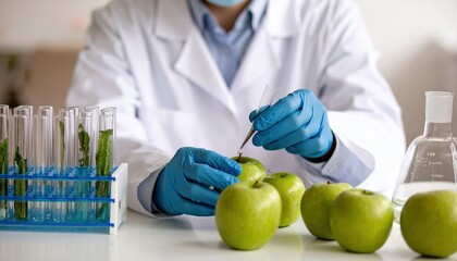 Scientist in lab coat conducts apple research using test tubes and pipettes for food science experiment