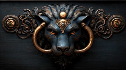 Hand-forged metal door knocker in the shape of a lion's head, its detailed features showcasing the artisan's skill and attention to detail.