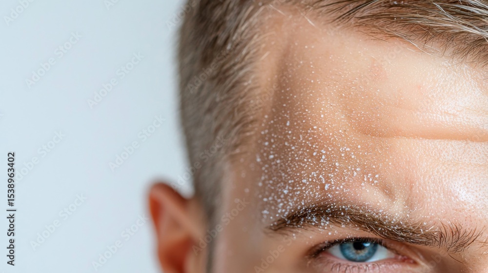 Poster detailed close-up image showing an irritated scalp with visible flaky, white patches of skin indicat