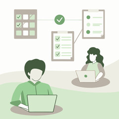 People working on projects using laptop checklists and planning