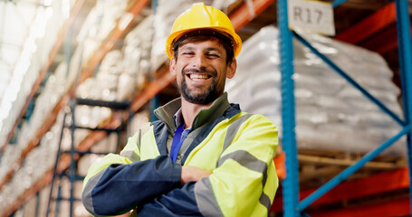 Portrait, logistics and arms crossed with man in warehouse for cargo shipping, supply chain or...