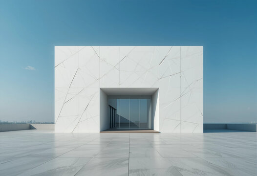 A white building with a large window and a small door