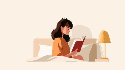 Young woman reading book in bed with warm lamp light healthy lifestyle