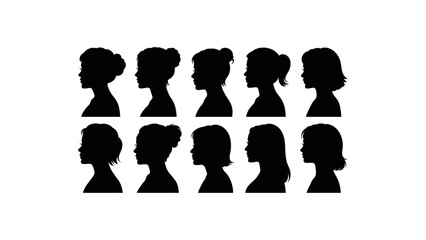 Female head silhouette set in profile view with various hairstyles in black outline
