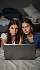 Stressed mother  daughter on laptop in messy bedroom struggling with family issues