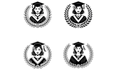 Female graduation icon set with laurel wreath and cap in black illustration style
