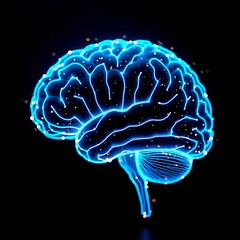 Glowing digital brain made of interconnected nodes and lines on a dark futuristic background.