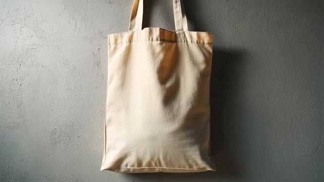Beige tote bag against gray wall