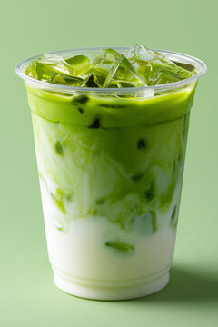 a transparent plastic cup filled with iced matcha latte each drink features two distinct layers: bright green matcha on top and creamy white milk at the bottom no strawberry or fruit layers, just a cl