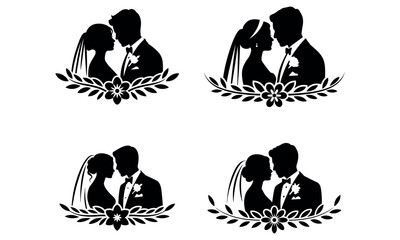 Wedding couple silhouette set with floral border in romantic black icon style
