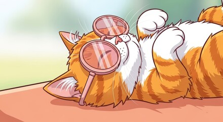 Cute cartoon cat enjoying a lazy day, lying on its back with comically large glasses. Perfect for humor, pets, and lighthearted themes.