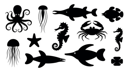 Sea animal silhouette set including fish octopus jellyfish crab and seahorse in vector style

