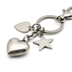 Shiny silver keychain with heart and star charms, realistic metal texture, elegant reflections, minimalist composition on a pure white background, premium photorealistic quality.