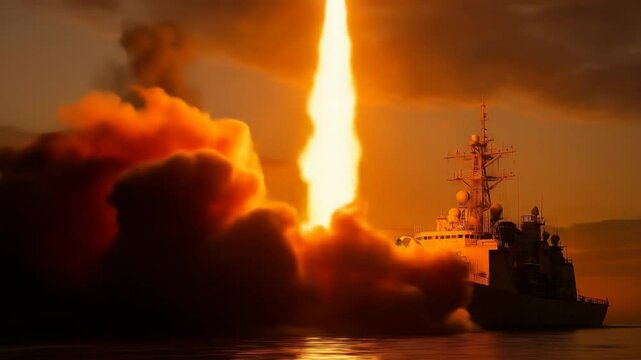 Missile defense system launch from a warship at sunset on the ocean sea. Military action concept video. Space shuttle launch with fire trail