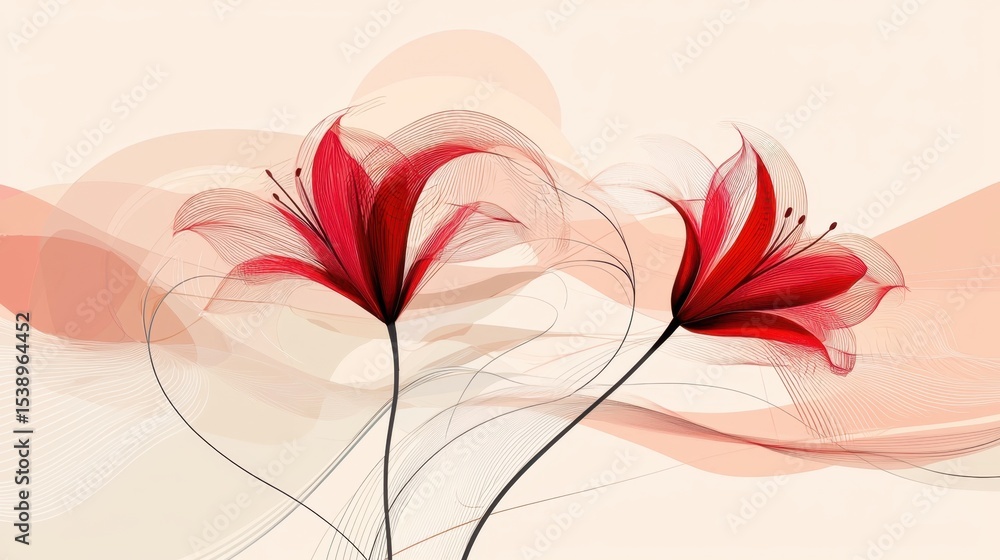 Poster elegant red flowers with flowing lines create a vibrant artistic display against a subtle background