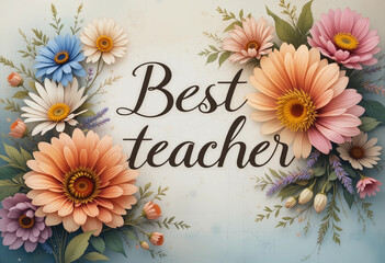 A colorful flower arrangement with the words "Best Teacher" written in cursive