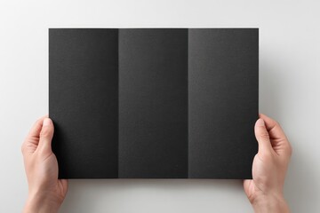 Two hands hold a tri-fold black paper pamphlet on a white background; top-down view
