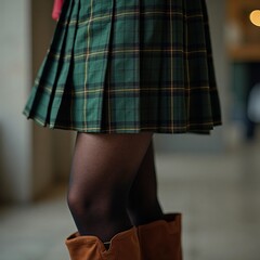 green tartan miniskirt and brown boots, AI generated
