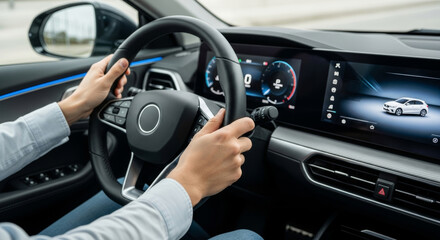 Modern Electric Car Interior: Steering Wheel and Dashboard Design