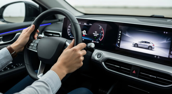 Modern electric car interior showcasing a sleek steering wheel and futuristic dashboard. High-tech, clean design with minimalist aesthetics, perfect for automotive and tech themes.