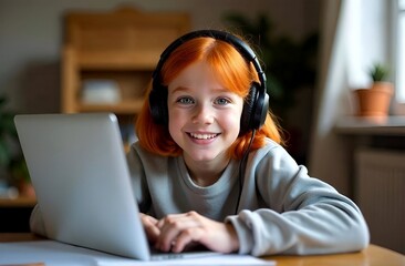 Little schoolgirl smiling, studying online, white caucasian european girl wearing headphones using laptop. Online education at home for children concept
