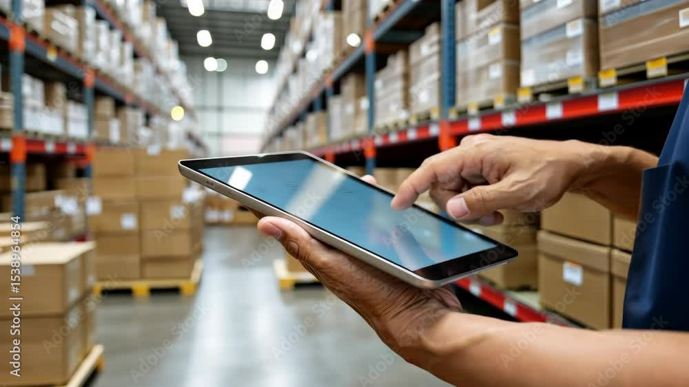 Aufkleber warehouse worker using tablet to manage inventory and streamline operations during afternoon shift